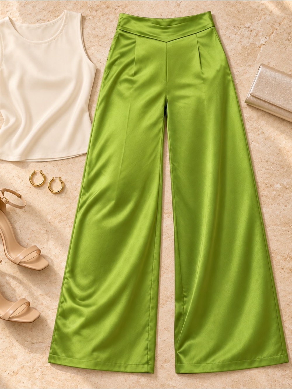 I.N.C. International Concepts Green Satin Wide Leg Pants Y2K Size M